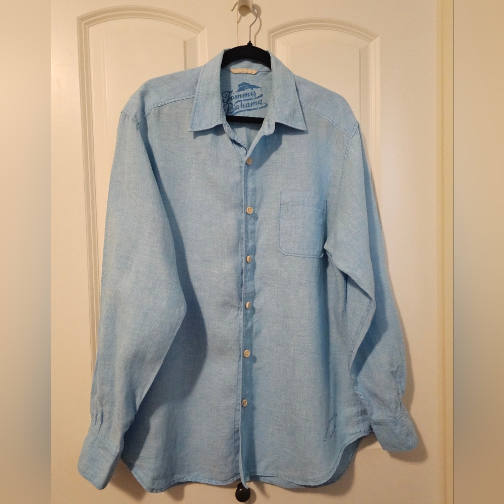 TOMMY BAHAMA Linen Men's Light Blue Casual Long Sleeve Button Up Shirt Sz L